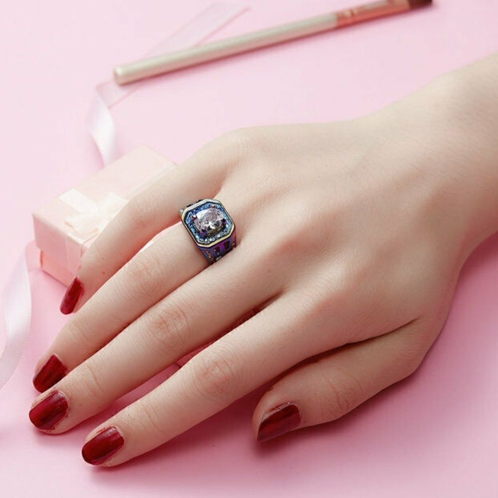 Oval Cut White Zircon Rainbow Rhodium Plated Ring - Picture 2 of 2